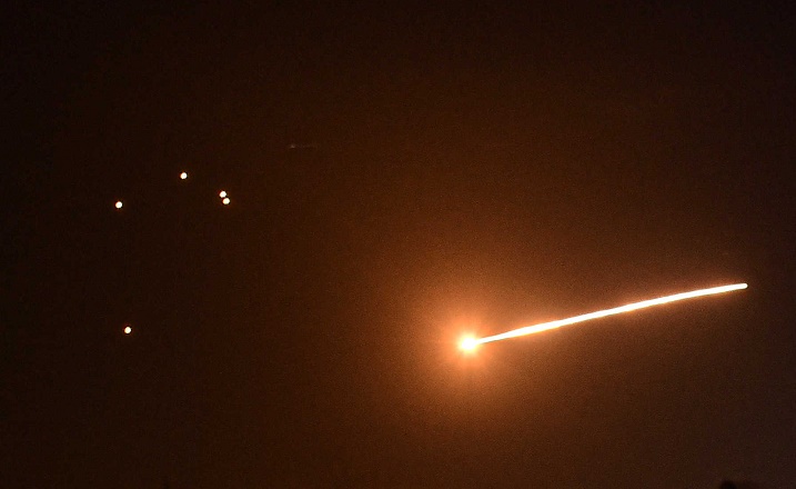 A handout picture released by the official Syrian Arab News Agency (SANA) on February 24, 2020, reportedly shows Syrian air defence intercepting an Israeli missile in the sky over the Syrian capital Damascus. – Six pro-Syrian regime fighters were killed in overnight Israeli air strikes near Damascus, the Syrian Observatory for Human Rights said. Two members of the Islamic Jihad militant group and four pro-Iran fighters in Syria were killed when Israeli aircraft targeted the group late on February 23. (Photo by SANA / AFP) / == RESTRICTED TO EDITORIAL USE – MANDATORY CREDIT “AFP PHOTO / HO / SANA” – NO MARKETING NO ADVERTISING CAMPAIGNS – DISTRIBUTED AS A SERVICE TO CLIENTS ==