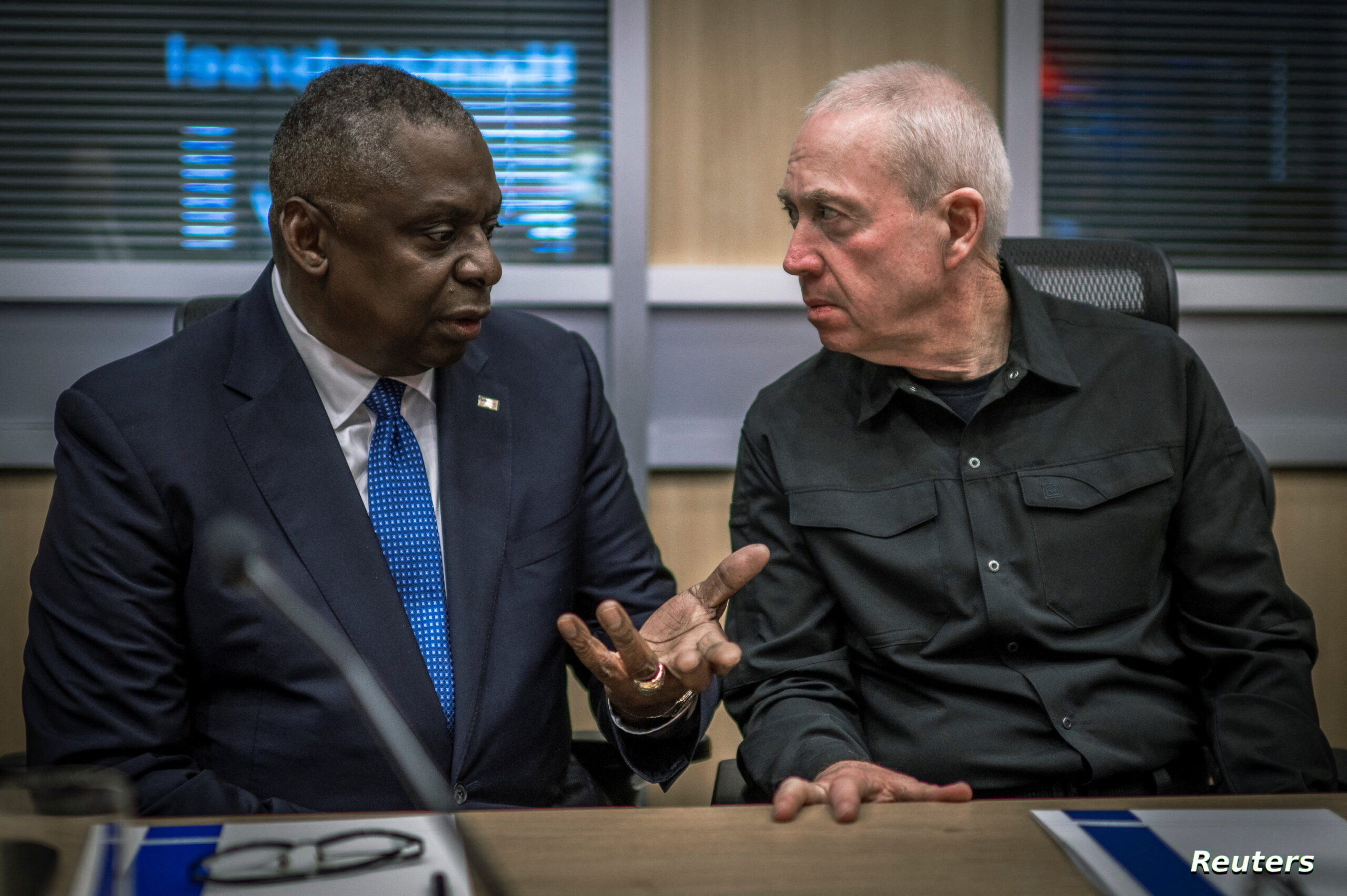 U.S. Secretary of Defense Lloyd Austin meets Israeli Minister of Defense Yoav Gallant upon his arrival to Tel Aviv, Israel, October 13, 2023, in this photo by Chad McNeeley/Office of the Secretary of Defense Public Affairs/Handout via REUTERS ATTENTION EDITORS – THIS PICTURE WAS PROVIDED BY A THIRD PARTY