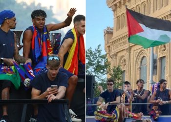 لامين جمال يغضب إسرائيل في احتفالات برشلونة والسبب علم فلسطين