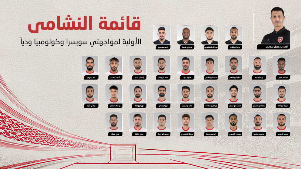 إعلان القائمة الأولية لمنتخب النشامى تأهبا لمواجهتي سويسرا وكولومبيا وديا