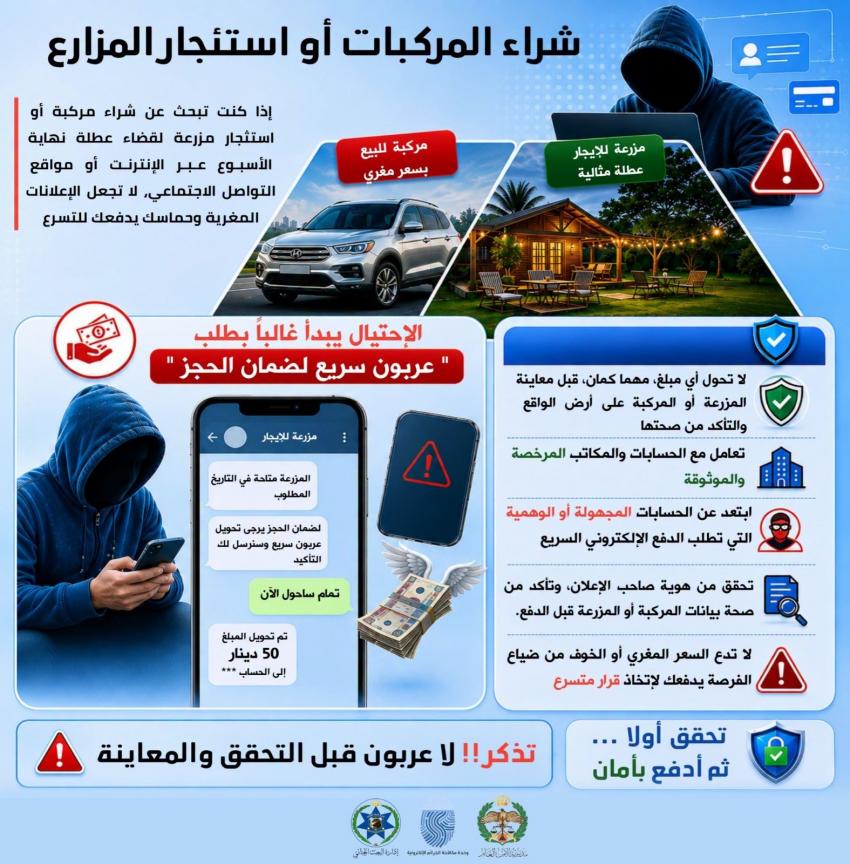 الأمن يحذر من إعلانات احتيالية لبيع المركبات وتأجير المزارع